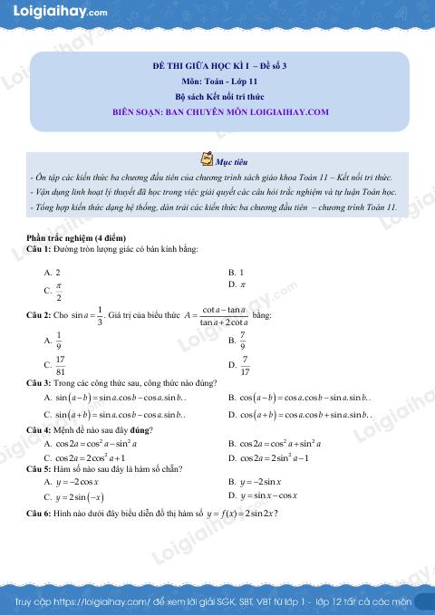 Đề thi giữa kì 1 Toán 11 Kết nối tri thức - Đề số 3